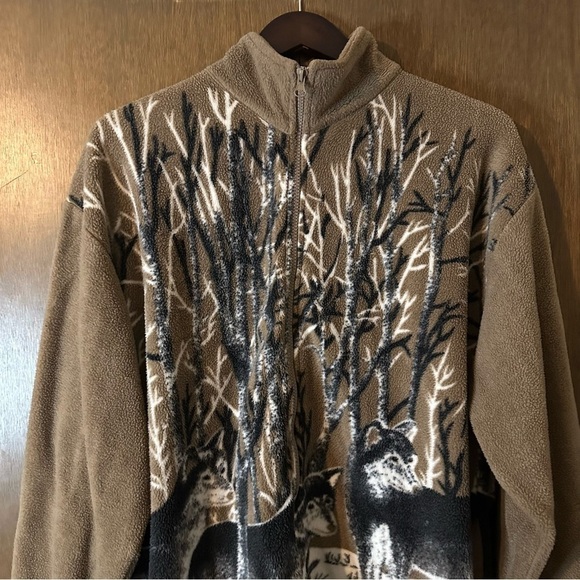 Vintage Women’s Black Wolves Tan Fleece Teddy Zip-Up Jacket Nature Size XL - Picture 3 of 13
